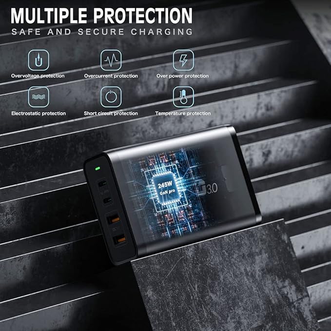 245W USB C Desktop Charger, GaN 4 Ports PD 100W Fast Charging Station Power Adapter Compatible with MacBook Pro/Air, iPad Pro/Mini, iPhone 14 13 Pro Max, Samsung Galaxy, Pixel and More