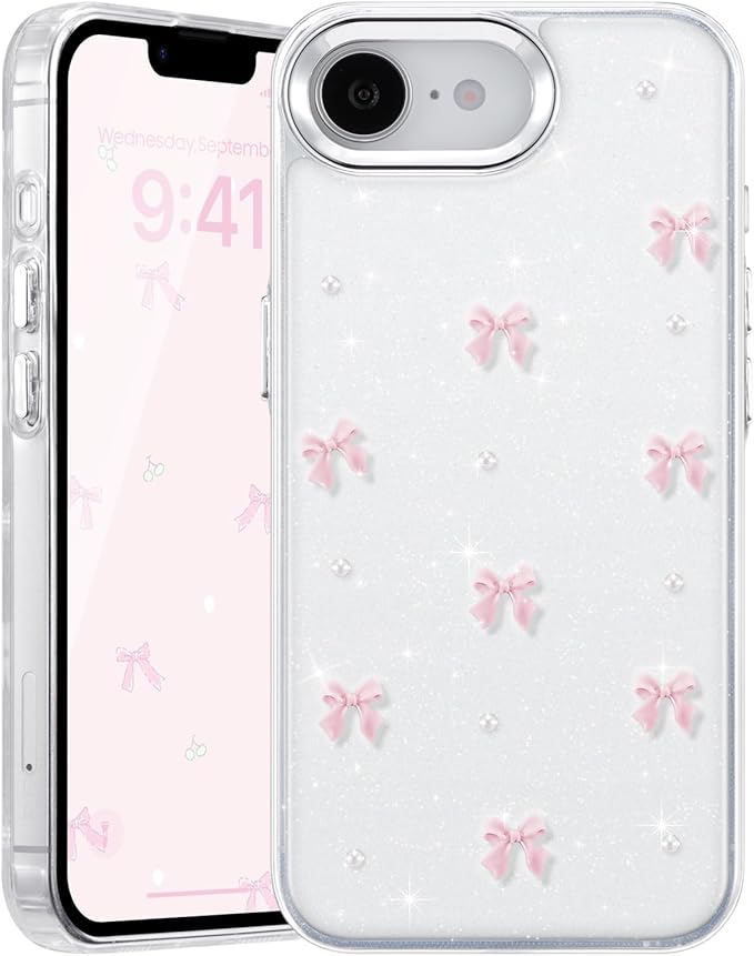 EYZUTAK Case for iPhone 16e, Bling Glitter 3D Bowknot Phone Case Cute Sparkly Crystal Clear Bow Aesthetic Design Cover Slim Soft Durable TPU Transparent Protective Cover for Women Girl - Pink Bow