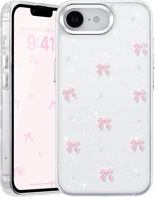EYZUTAK Case for iPhone 16e, Bling Glitter 3D Bowknot Phone Case Cute Sparkly Crystal Clear Bow Aesthetic Design Cover Slim Soft Durable TPU Transparent Protective Cover for Women Girl - Pink Bow