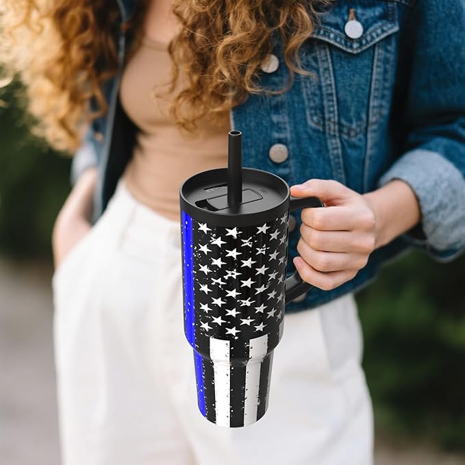 TILUCK 40 oz Tumbler with Handle, Vacuum Insulated Stainless Steel Travel Mug with 100% Leak-Proof Silicone Straw Lid, Cupholder Friendly Water Bottle(BlackFlag, 40oz)