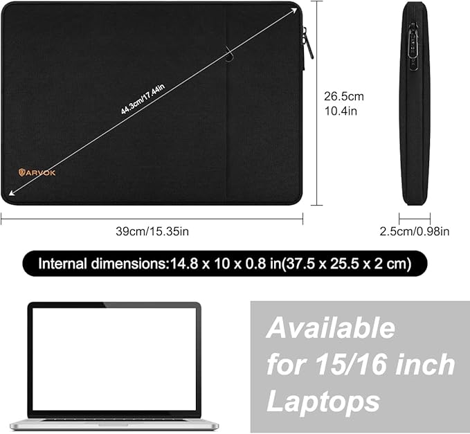 Arvok 15 15.6 16 inch Laptop Sleeve case for MacBook Air 15/16 inch/MacBook Pro 16 inch, Water-Resistant Protective Portable Laptop Cover Bag for HP/Dell/Asus/Acer/Huawei, Black