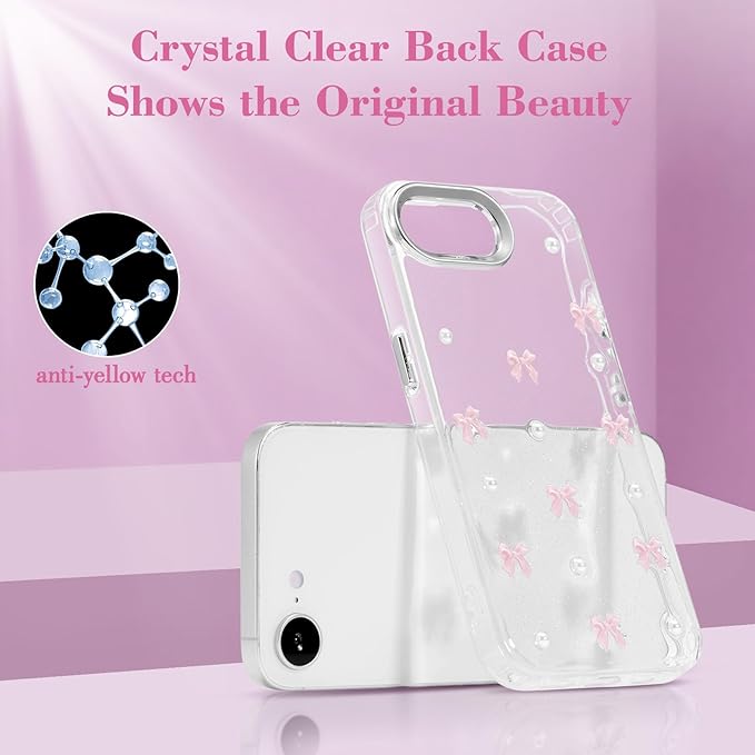 EYZUTAK Case for iPhone 16e, Bling Glitter 3D Bowknot Phone Case Cute Sparkly Crystal Clear Bow Aesthetic Design Cover Slim Soft Durable TPU Transparent Protective Cover for Women Girl - Pink Bow