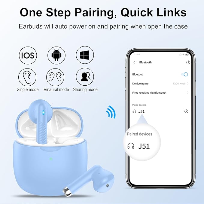 AI Translation Earbuds Real Time with Audio and Video Calls, 3-in-1 Language Translator Earbuds Support 164 Languages and 7 Translation Modes, 32H Buletooth 5.3 Headphones with Mic, Blue