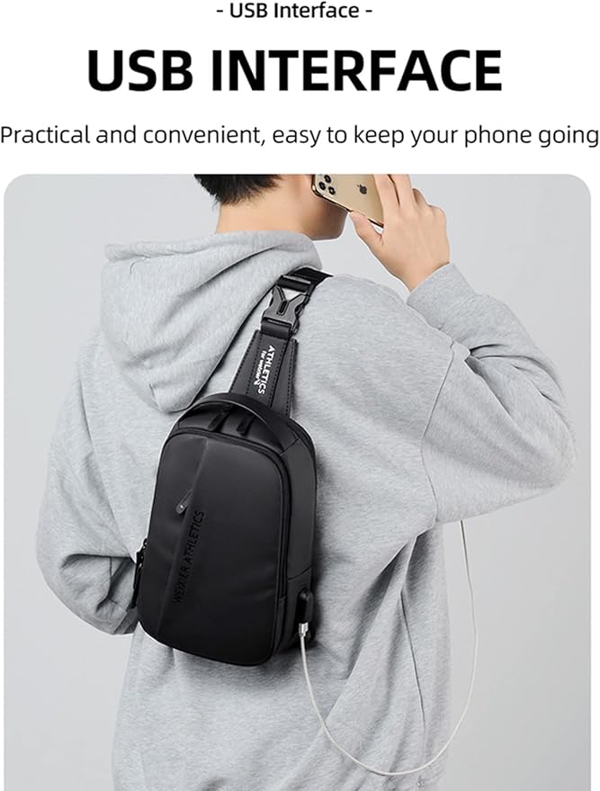 Waterproof Sling Bags Mens Shoulder Crossbody Backpack with USB Charging Port& Headphone,Outdoor Lightweight Bag