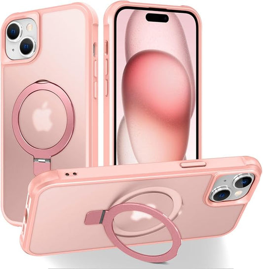 Magnetic Compatible with iPhone 15 Case with Stand [Military Grade Drop Tested][Compatible with Magnet] Ring Translucent Slim Hard Back Soft Edge, Pink