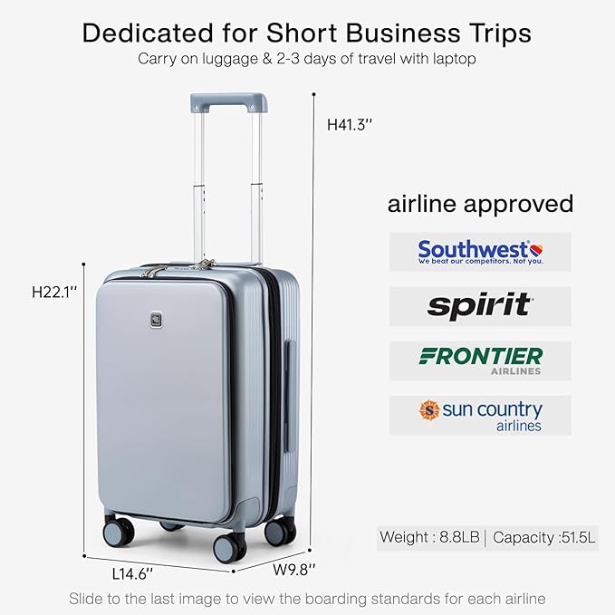 Hanke Grace Expandable Carry On Luggage with Wheels Airline Approved Hard Shell Suitcases with Front Pocket，Top Opening Luggage with TSA Lock for Short Business Travel, Grey.