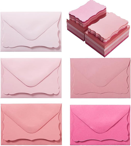 100 Pack Mini Envelopes with Note Cards in 5 Colors for Wedding, Birthday, Baby Showers, 4 x 2.7 Inches (Pink)