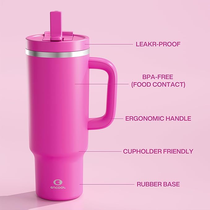 40 oz Tumbler with Handle and Straw: Stainless Steel Insulated Tumbler Keeps Cold for 24 Hours, Leakproof Travel Cup Fits in Cup Holder and BPA-Free, Persian Rose