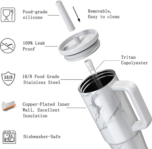 TILUCK 30 oz Tumbler with Handle, Vacuum Insulated Stainless Steel Travel Mug with 100% Leak-Proof Silicone Straw Lid, Cupholder Friendly Water Bottle(Marble, 30oz)