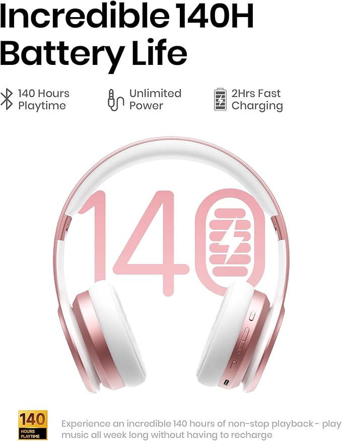 Picun Solo6 Wireless Bluetooth Headphones, 5EQ Music Mode, On-Ear Headphone with Built-in Microphone, Foldable Headset with 140H Battery Life, App Control for Girls, Home, School, Travel (Rose Gold)