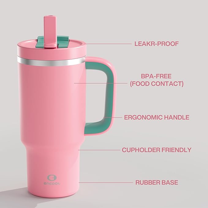 32 oz Tumbler with Handle and Straw: Stainless Steel Insulated Tumbler Keeps Cold for 24 Hours, Leakproof Travel Cup Fits in Cup Holder and BPA-Free, Tulip