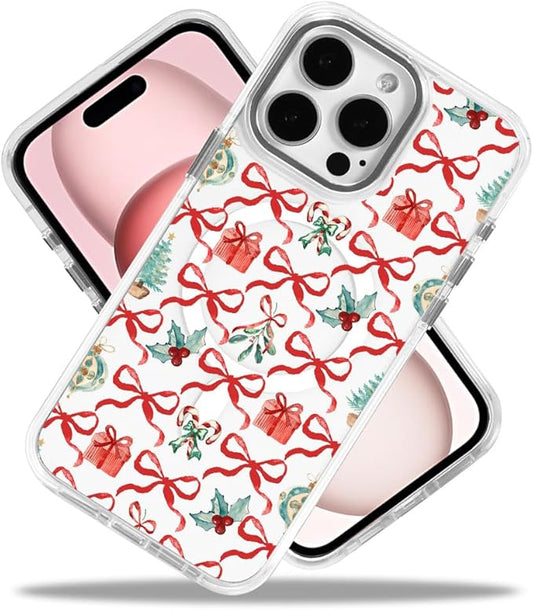 DAIZAG Case for iPhone 16 Pro Max, [Compatible with MagSafe],Phone Case for Women Girls Magnetic Clear Cover,Christmas Tree Ribbon Bow