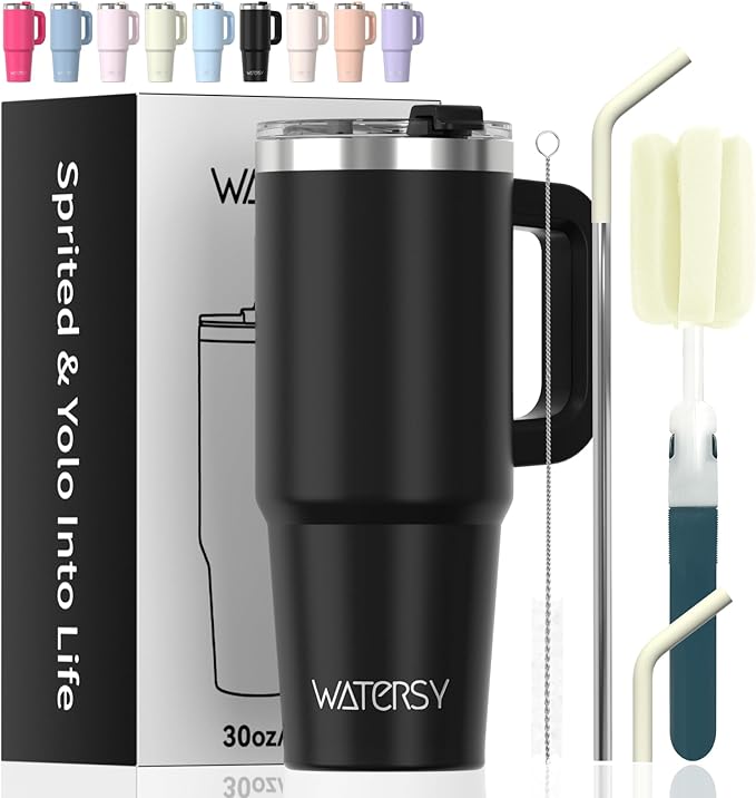 30 oz Tumbler with Handle,Tumbler with Lid and Straw,Double Wall Insulated Cup Stainless Steel Travel Mug(Cold for 34 Hours),Water Bottle for Iced Tea,Coffee,Cold Beverages(Black)
