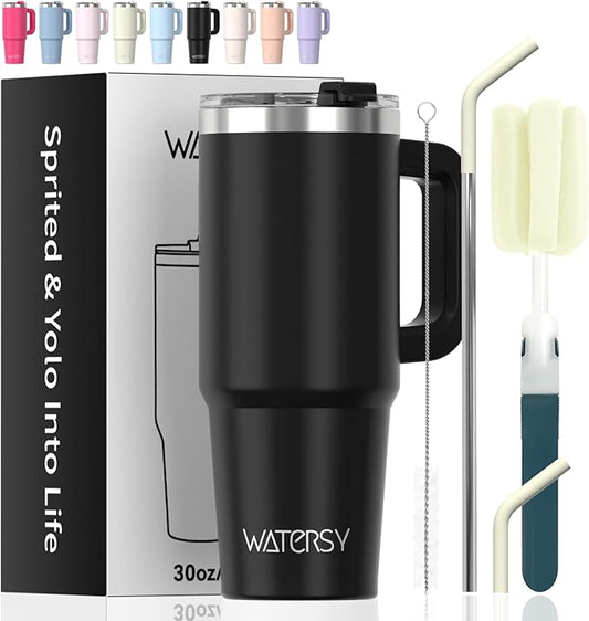 30 oz Tumbler with Handle,Tumbler with Lid and Straw,Double Wall Insulated Cup Stainless Steel Travel Mug(Cold for 34 Hours),Water Bottle for Iced Tea,Coffee,Cold Beverages(Black)