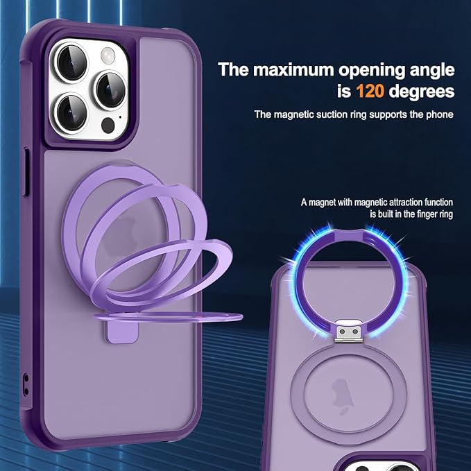 Compatible with iPhone 15 Pro Max Case with Invisible Magnetic O-Ring Stand Military-Grade Translucent Case for iPhone 15 ProMax 6.7" [Compatible with Mag-Safe][Great Grip Feeling], Purple