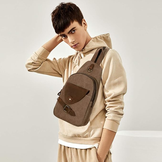 KL928 Canvas Sling Bag Crossbody Backpack Shoulder Casual Rucksack for Men Women,Brown