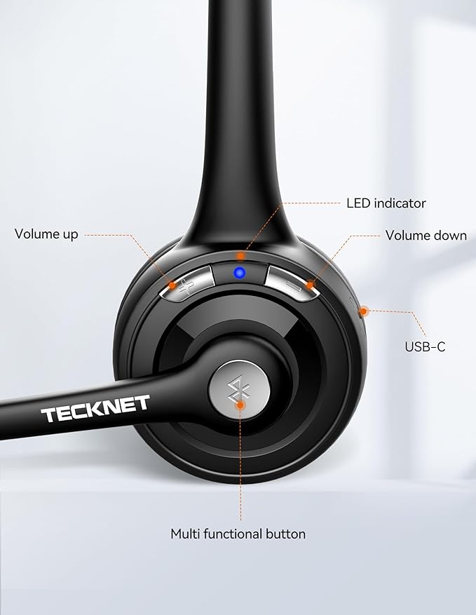 TECKNET Bluetooth Headset, Wireless Headset with Noise Canceling Microphone for Trucker, On-Ear Bluetooth Headphone with Mute Mic for Work