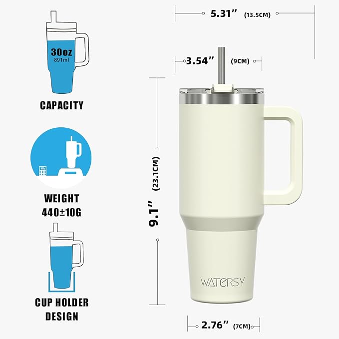 30 oz Tumbler with Handle,Tumbler with Lid and Straw,Double Wall Insulated Cup Stainless Steel Travel Mug(Cold for 34 Hours),Water Bottle for Iced Tea,Coffee,Cold Beverages(Cream White)