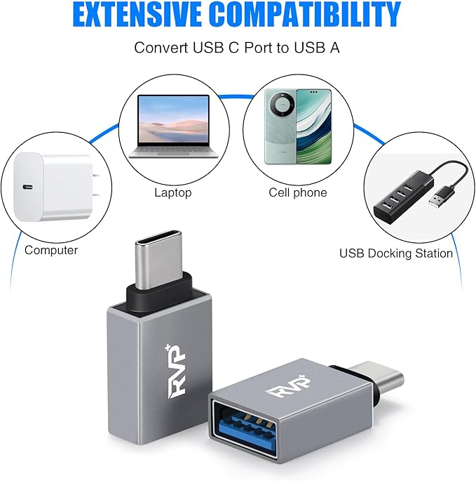 RVP+ USB-A Female to USB-C Male Adapter (5-Pack, Gray)