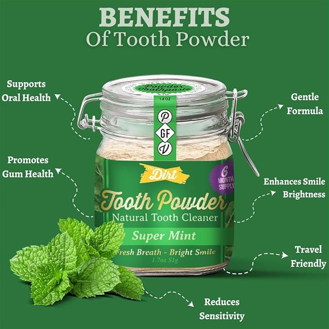 The Dirt - Remineralizing Tooth Powder, Natural Fluoride-Free Teeth Whitening Powder with Hydroxyapatite, Flouride & Gluten Free, Organic Vegan (Super Mint, 51g: 6 Month Supply)