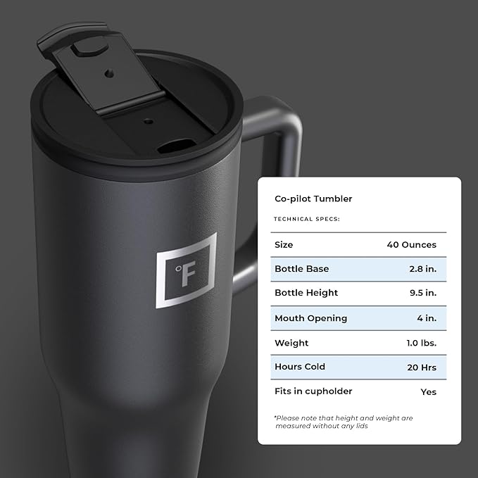 IRON °FLASK Co-Pilot Insulated Mug w/Straw & Flip Cap Lids - Cup Holder Bottle for Hot, Cold Drink - Leak-Proof - Water, Coffee Portable Travel Mug - Midnight Black, 40 Oz