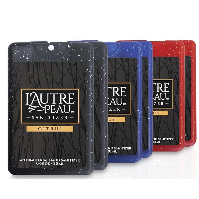 Antibacterial Travel Hand Sanitizer Spray with Aloe Vera by L’AUTRE PEAU - Unique Flat Credit Card Shape - Citrus Scented Mini Sparkle Pocket Size (Sparkle Black, Red, Blue, 6 Pack)