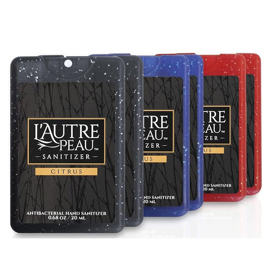 Antibacterial Travel Hand Sanitizer Spray with Aloe Vera by L’AUTRE PEAU - Unique Flat Credit Card Shape - Citrus Scented Mini Sparkle Pocket Size (Sparkle Black, Red, Blue, 6 Pack)