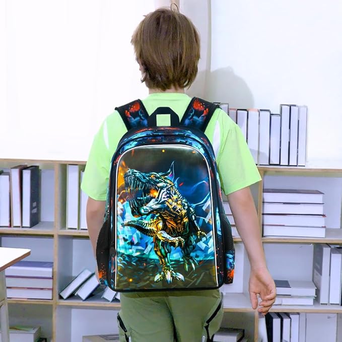 CCJPX 3PCS Kids Backpack for Boys, 16 Inch Dinosaur Water Resistant Preschool Backpacks, Kindergarten School Bookbag with Lunch Box for Toddler Travel