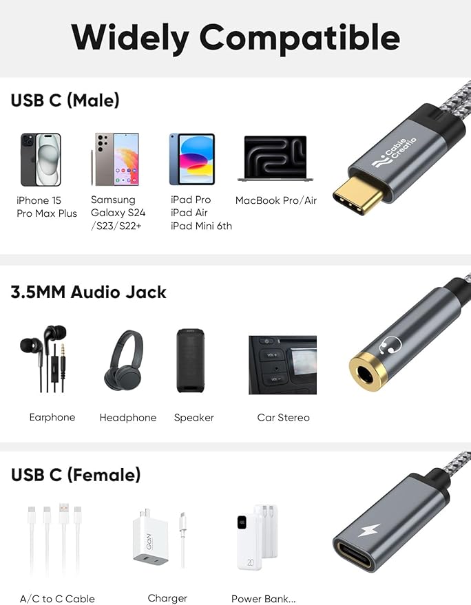 CableCreation USB C to 3.5mm Headphone and Charger Adapter with PD 100W 60W Fast Charging, USB C to Audio Jack Type C to Aux Cord for iPhone 16 15, Galaxy S24/S23/S22 Ultra+, iPad Pro/Air, Pixel 9/8+