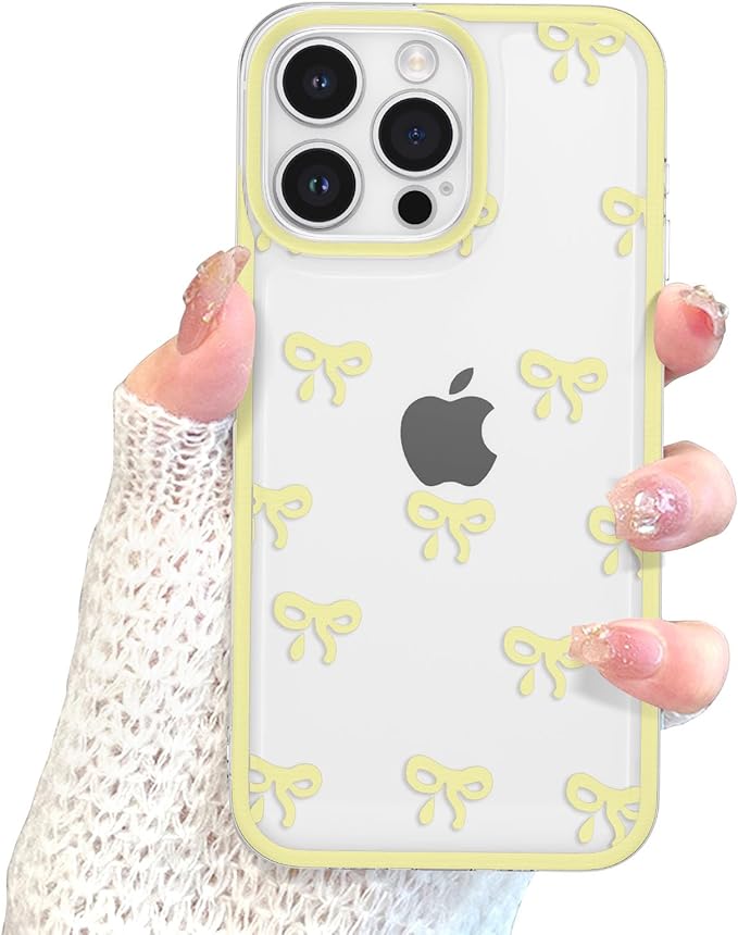 EYZUTAK Case for iPhone 14 Pro Max, Clear Cute Ribbon Bowknot Pattern Aesthetic Transparent Phone Case Raised Camera Protection Stylish Slim Soft Durable TPU Protective Cover for Women Girls - Yellow