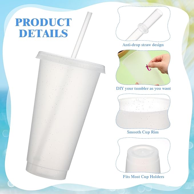 Honeydak 60 Pack Tumbler with Straw and Lid Bulk Glitter Plastic Cups Water Bottle Iced Coffee Travel Mug Reusable Party Favor Cups for Birthdays travel 24-27 oz (Transparent)
