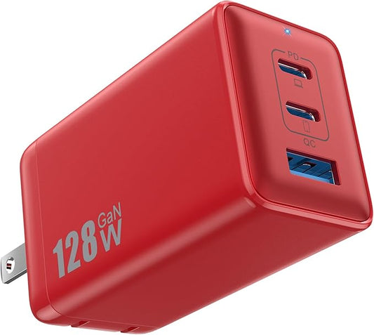 128W USB C Wall Charger,GaN III 3-Port Fast Charging Station,PD QC Foldable Charger Block Portable 65W Laptop Adapter for MacBook Pro/Air,iPad Pro,Galaxy S23,Dell XPS 13,iPhone 16/15/Pro etc