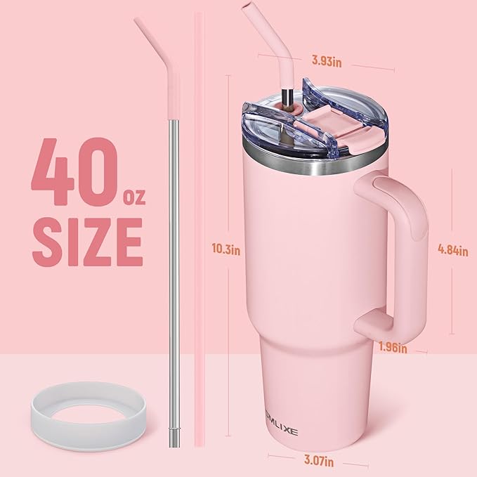 40 oz Tumbler with Handle and Straw Lid,Insulated Reusable Stainless Steel Water Bottle Travel Mug，Cupholder Friendly Double Wall Vacuum Sealed Cup (Pink)