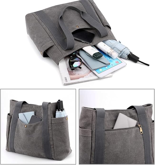 Women's Canvas Tote Handbags Multi-pocket Retro Casual Shoulder Bag Top Handle Satchel Tote Purse