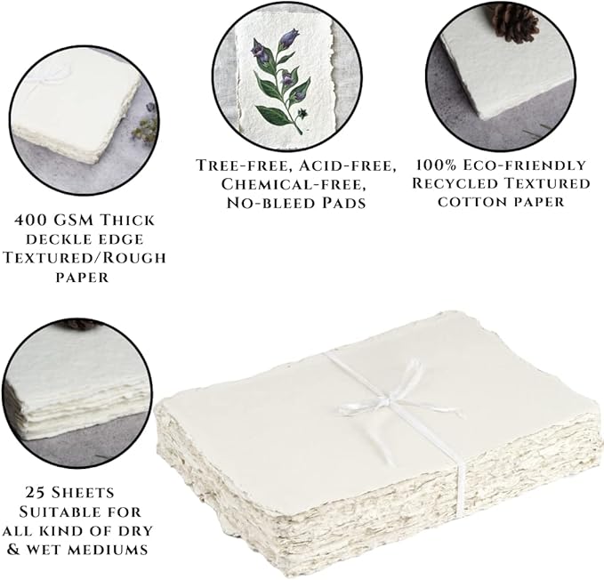 LEATHER VILLAGE Watercolor Paper - 12.5 X 9.5 inches, 25 Sheets - Drawing/Sketching Sheets - 400 GSM Thick Deckle Edge Virgin Cotton Handmade Paper - Off White