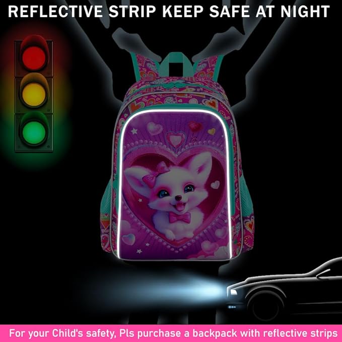 3Pcs Fox Backpack for Girls, 16" Kids Bookbag with Lunch Box, School Backpacks Set for Elementary Preschool Kindergarten(Pink)