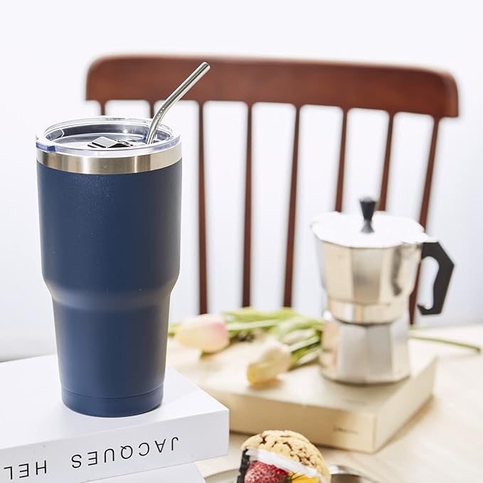 COMOOO 30oz Tumbler Stainless Steel Insulated Tumbler with Lid Double Wall Vacuum Coffee Cup Large Travel Mug for Home, Office, School,Party (Navy, 4 Pack)