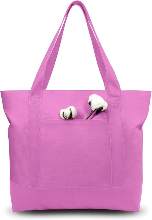 TOPDesign 1-Pack Canvas Tote Bag with an External Pocket, Reusable Grocery Shopping Bag, Top Zipper Closure, Daily Essentials (Light Purple)