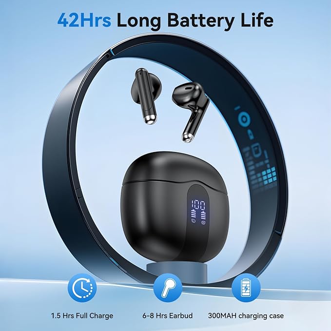 Wireless Earbuds, 2025 Bluetooth 5.4 Bass Stereo Headphones with 4 ENC Mic, 50H Playback Ear Buds with Charging Case LED Display,Sport Earphones IPX7 Waterproof for Phone, Android, Pad, Black