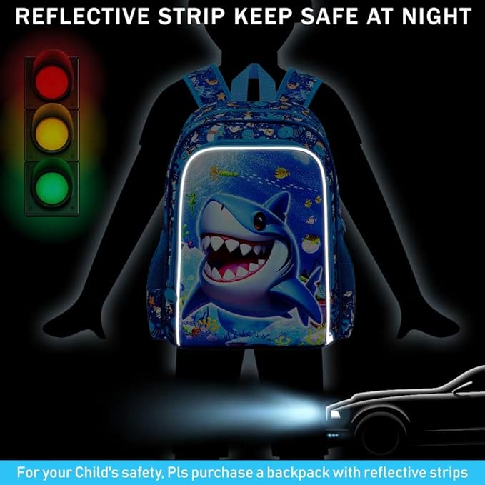 16" Shark Backpack for Boys, 3Pcs Kids Bookbag with Lunch Box, School Backpacks for Elementary Preschool Kindergarten (Blue)