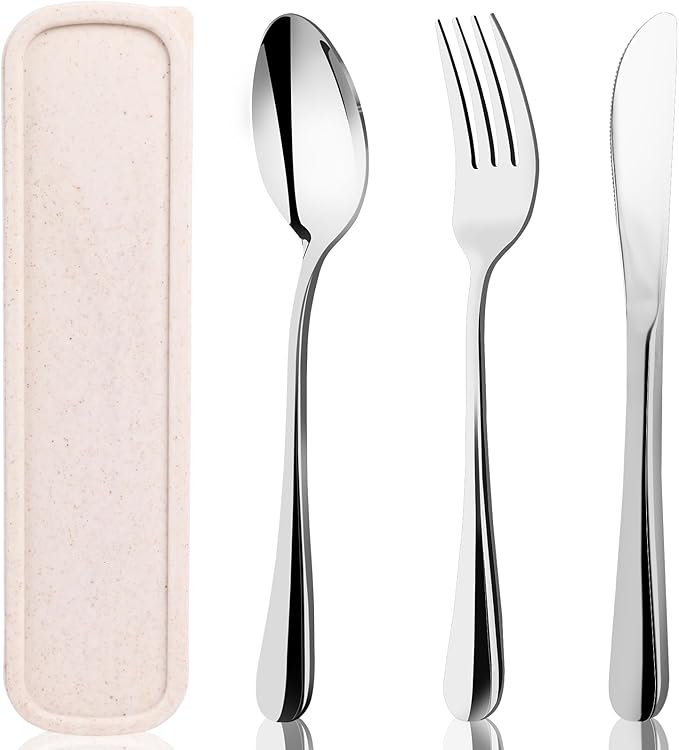 HANSGO 3PCS Portable Utensils Set with Case, Travel Cutlery Set Stainless Steel Utensils Reusable Silverware for Lunch Camping School Picnic Office Dishwasher Safe Beige