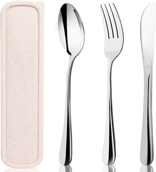 HANSGO 3PCS Portable Utensils Set with Case, Travel Cutlery Set Stainless Steel Utensils Reusable Silverware for Lunch Camping School Picnic Office Dishwasher Safe Beige