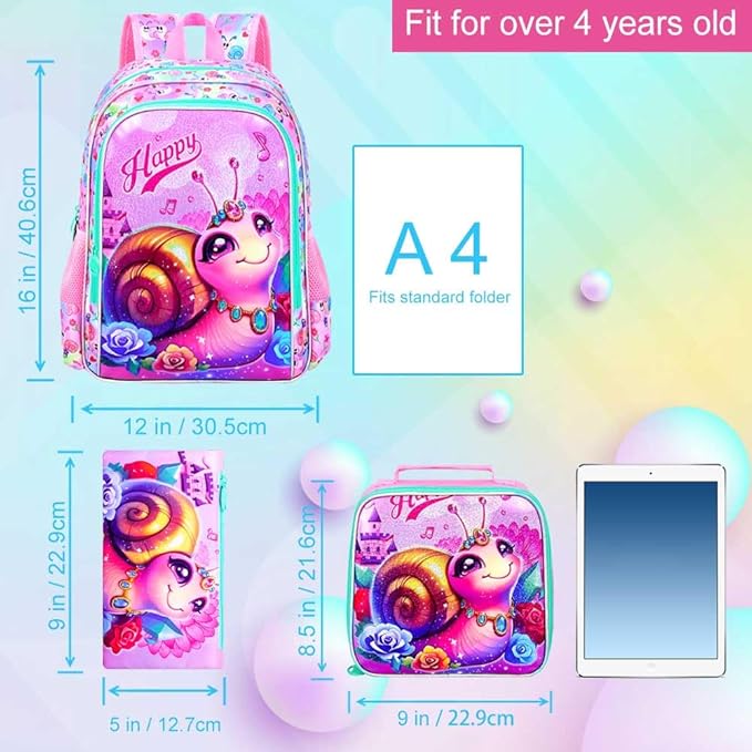 16" Backpack for Girls, 16" Kids Bookbag with Lunch Box，Snail School Backpacks for Elementary Preschool Kindergarten (Pink)