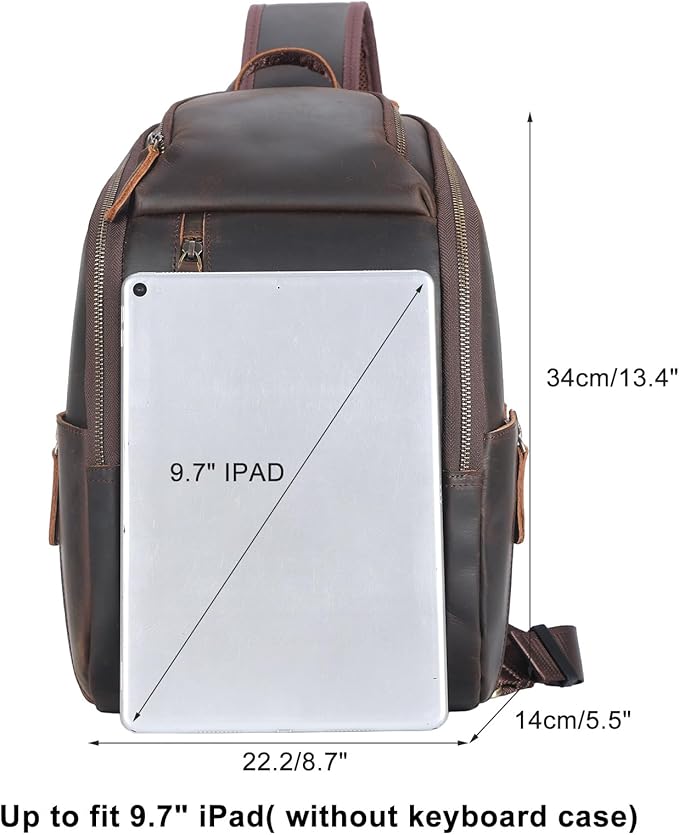 TIDING Genuine Leather Sling Bag Chest Pack for Men Casual Travel Shoulder Bag Sling Backpack fits 9.7" Tablet