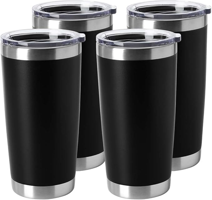 HASLE OUTFITTERS 20oz Stainless Steel Tumblers Bulk, Insulated Travel Cup with Lid, Double Wall Vacuum Coffee Mug for Cold & Hot Drinks 4 Pack, Black