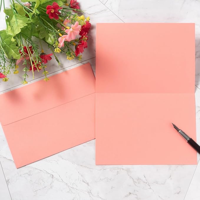 Wishop 50 Pack Pink 5x7 Self-Adhesive Envelopes with Fold Cards 5 Colors for Wedding Invitations and Greeting Cards (Pink 5 Colors, 5x7)