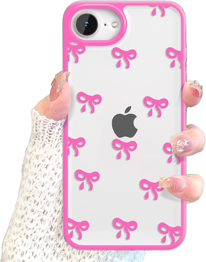 EYZUTAK Case for iPhone 16e, Clear Cute Ribbon Bowknot Pattern Aesthetic Transparent Phone Case Raised Camera Protection Stylish Slim Soft Durable TPU Protective Cover for Women Girls - Rose Red