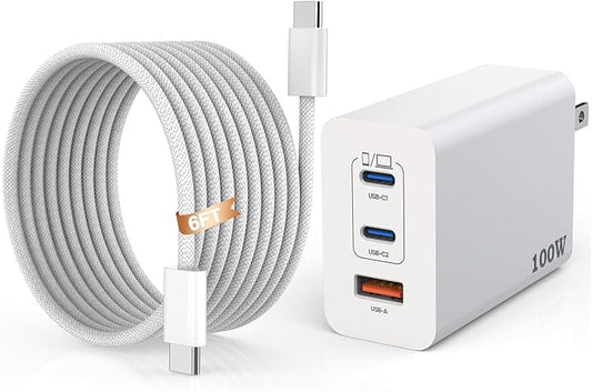 100W USB C Charger,3Ports USB C Laptop Charger Fast Charger with TypeC to TypeC Cable 6FT Woven Cable for Macbook,Macbook Air,Macbook pro,iPhone 16/Plus/Pro/Pro Max,15/Plus/Pro/Pro Max,iPad10 and More
