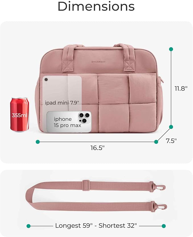 BAGSMART Gym Bag for Women, 24L Puffer Travel Duffle Bag for Travel with Laptop Compartment, Weekender Bags for Women, Carry On Duffel Bag Personal Item Bag, Dark Pink