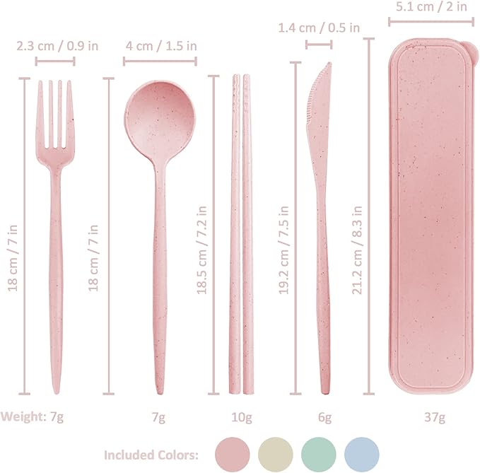 4 Sets Reusable Travel Utensils Set with Case, TWUTGAYW Portable Camping Utensil Set, BPA Free Spoon Knife Fork Chopsticks Tableware for Kids, Plastic Cutlery Set for Lunch Picnic Daily Use(4 Colors)